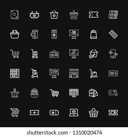 Editable 36 purchase icons for web and mobile. Set of purchase included icons line Ticket, Basket, Shopping online, Shopping cart, Card, Cards, Online shop on black background