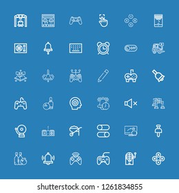 Editable 36 push icons for web and mobile. Set of push included icons line Buttons, Bingo, Gamepad, Alarm, Bowling, Pushpin, Touch screen, Switches, Wheelbarrow on blue background