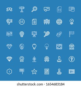 Editable 36 quality icons for web and mobile. Set of quality included icons line Stamp, Star, Question, Information, Question mark, Price, Webcam, Ribbon, Diamond on blue background