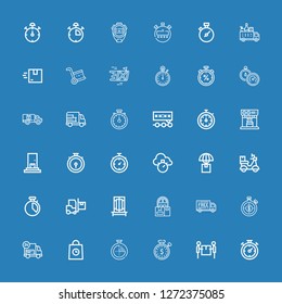 Editable 36 quick icons for web and mobile. Set of quick included icons line Chronometer, Delivery, Stopwatch, Timer, Trick, Expresso, Deadline, Stop watch on blue background