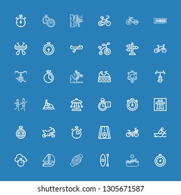 Editable 36 race icons for web and mobile. Set of race included icons line Stopclock, Swimming, Kayak, Watch, Yatch, Chronometer, Rowing, Bicycle, Road, Stop watch on blue background