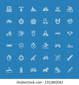 Editable 36 race icons for web and mobile. Set of race included icons line Watch, Luge, Bicycle, Quad, Skier, Swimming, Suspension, Motion, Baton, Stopwatch on blue background