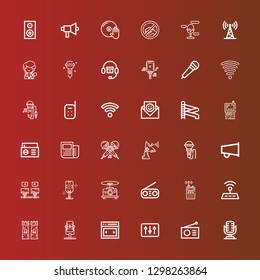 Editable 36 radio icons for web and mobile. Set of radio included icons line Microphone, Radio, DJ, Slider, Tower, Wifi, Walkie talkie, Drone, Communications, Megaphone on red