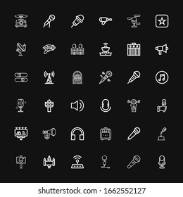 Editable 36 radio icons for web and mobile. Set of radio included icons line Microphone, Wifi, Signal, Amplifier, Headphones, Megaphone, Billboard, Drone, Audio on black background