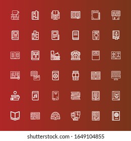 Editable 36 read icons for web and mobile. Set of read included icons line Book, Ebook, Books, Booking, Audiobook, Ereader, Manual, Workbook, Library, Science book, Text lines on red