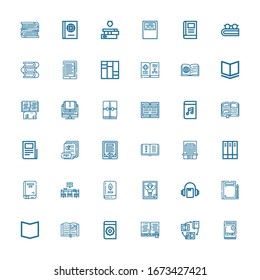Editable 36 read icons for web and mobile. Set of read included icons line Catalog, Books, Book, Manual, Audiobook, Magazine, Library, Ebook, Pdf, Text lines on white background