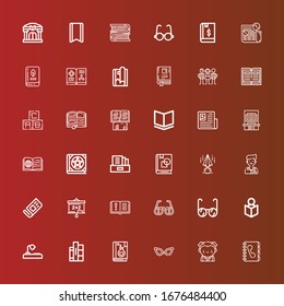 Editable 36 reading icons for web and mobile. Set of reading included icons line Phone book, Student, Glasses, Book, Books, Desk lamp, Read, Blackboard, Newspaper, Papers on red