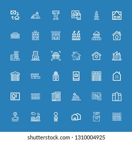 Editable 36 real icons for web and mobile. Set of real included icons line Building, Storage box, House, Mansion, Blueprint, Architecture, Office building, Real estate on blue background