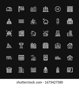 Editable 36 real icons for web and mobile. Set of real included icons line Blueprint, Building, Buildings, Garage, Real estate, House, Roof, Home, Eco house on black background