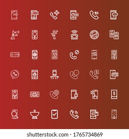 Editable 36 receiver icons for web and mobile. Set of receiver included icons line Smartphone, Telephone, Satellite dish, Phone, Call, Phone call, No phones, Walkie talkie on red