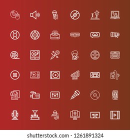 Editable 36 record icons for web and mobile. Set of record included icons line Video, Cassette, Medical record, Singing, Phonograph, Microphone, Voice recorder, Vinyl, DJ on red