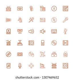 Editable 36 record icons for web and mobile. Set of record included icons line Turntable, Drum, Gramophone, Buttons, Microphone, Audiobook, Vinyl, Audio, Music on white background