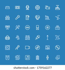 Editable 36 record icons for web and mobile. Set of record included icons line Medical prescription, Microphone, Medical history, Music, Video, Drums, Cd, Youtuber on blue background