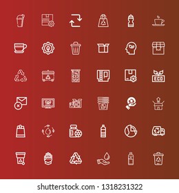 Editable 36 recycle icons for web and mobile. Set of recycle included icons line Trash bin, Water bottle, Save water, Recycling, Gauntlet, Trash, Garbage truck, Geothermal on red