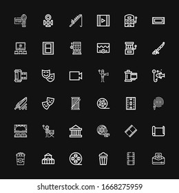 Editable 36 reel icons for web and mobile. Set of reel included icons line Video, Film, Popcorn, Film reel, Theater, Paper roll, Movie film, Actor, Cinema on black background