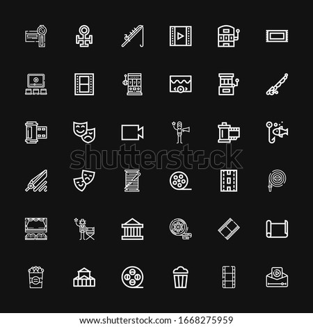 Editable 36 reel icons for web and mobile. Set of reel included icons line Video, Film, Popcorn, Film reel, Theater, Paper roll, Movie film, Actor, Cinema on black background