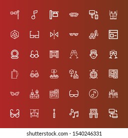 Editable 36 reflection icons for web and mobile. Set of reflection included icons line Responsive, Vanity, Music notes, Mirror, Window, Glasses, Candle making, Quaver, Sun glasses on red