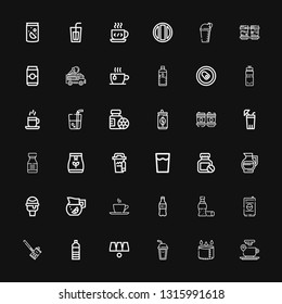 Editable 36 refreshment icons for web and mobile. Set of refreshment included icons line Coffee cup, Cup, Soda, Cups, Water bottle, Soda can, Drink, Cola, Plastic bottle on black background