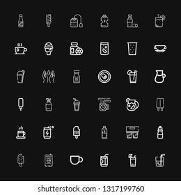 Editable 36 refreshment icons for web and mobile. Set of refreshment included icons line Drink, Lemonade, Soda, Coffee cup, Popsicle, Bottle, Water bottle on black background