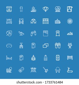 Editable 36 relax icons for web and mobile. Set of relax included icons line Treadmill, Armchair, Soda can, Hammocks, Door hanger, Bench, Can, Sauna, Buddha on blue background