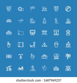 Editable 36 relaxation icons for web and mobile. Set of relaxation included icons line Yoga, Sauna, Sleeping, Golfer, Bicycle, Coconut tree, Bench, Tent, Sand bucket on blue background