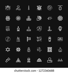 Editable 36 religion icons for web and mobile. Set of religion included icons line Candles, Desert, Lotus temple, Gothic, Chakra, Lantern, Candle, Bible, Voodoo on black background