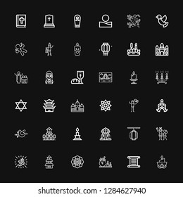 Editable 36 religion icons for web and mobile. Set of religion included icons line Candle, Torah, Spiritual, Japanese castle, Om, Idol, Lantern, Sphinx, Cemetery on black background