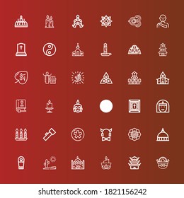 Editable 36 religion icons for web and mobile. Set of religion included icons line Easter eggs, Pagoda, Candle, Mosque, Desert, Sarcophagus, Vatican, Spiritual, Devil, Diaspora on red