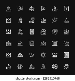 Editable 36 religious icons for web and mobile. Set of religious included icons line Crown, Pagan, Praying, Church, Taoism, Vatican, Bible, Judaism, Lotus temple on black background