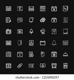 Editable 36 reminder icons for web and mobile. Set of reminder included icons line Calendar, Alarm, Notification, Schedule, Paper clip, Date, Bell, Memorize on black background