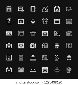 Editable 36 reminder icons for web and mobile. Set of reminder included icons line Medical appointment, Bell, Calendar, Schedule, List, Agenda, Check list on black background