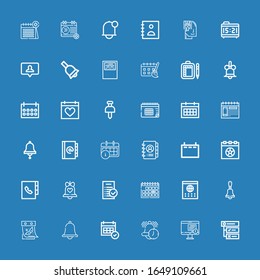 Editable 36 reminder icons for web and mobile. Set of reminder line icons including: line Tasks, Notification, Alarm, Calendar, Bell, Agenda, Pushpin, Schedule, Workbook on blue background