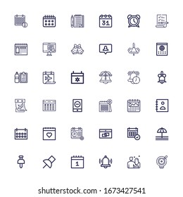 Editable 36 iconos recordatorios para web y móvil. Conjunto de recordatorios incluidos iconos línea Bell, Date, Alarm, Calendar, Push pin, Pushpin, Agenda, Evento, Comprobar lista de fondo blanco