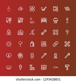 Editable 36 repair icons for web and mobile. Set of repair included icons line Paint roller, Blowpipe, Configuration, Pipe, Brush, Wrench, Mechanic, Plaster, Fixed, Padlock on red