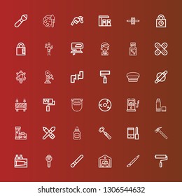 Editable 36 repair icons for web and mobile. Set of repair included icons line Paint roller, Brush, Garage, Wrench, Paint, Hammer, Configuration, Glue, Pipe, Gas station on red