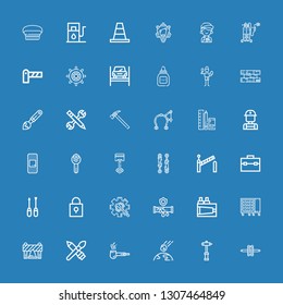 Editable 36 repair icons for web and mobile. Set of repair included icons line Wheel, Hammer, Collision, Pipe, Brush, Barrier, Tool box, Paint, Maintenance on blue background