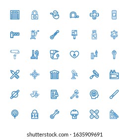 Editable 36 repair icons for web and mobile. Set of repair included icons line Design tools, Plaster, Paint bucket, Wrench, Padlock, Electrode, Brush, Fixed on white background