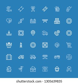 Editable 36 rescue icons for web and mobile. Set of rescue included icons line Charity, Firefighter, Emergency call, Donation, Clothes donation, Lifesaver, Stretcher on blue background