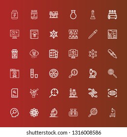 Editable 36 research icons for web and mobile. Set of research included icons line Microscope, Analytics, Test tube, Atom, Search, Vision, Dna, Flask, Magnifying glass on red