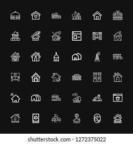 Editable 36 residence icons for web and mobile. Set of residence included icons line House, Window, Shelter, Homepage, Houses, Home, Tower, Windows on black background
