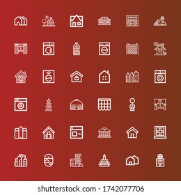Editable 36 residential icons for web and mobile. Set of residential included icons line Building, House, Real estate, Window, Urban, Home, Mansion, Roof, Buildings, Washing machine on red