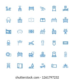 Editable 36 rest icons for web and mobile. Set of rest included icons line Picnic table, Yoga mat, Sunbed, Rest area, Chair, Door hanger, Tombstone, Cemetery on white background