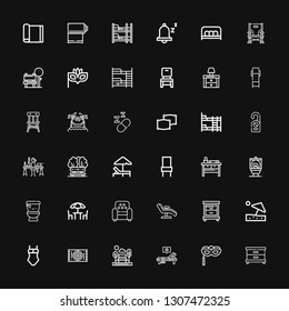 Editable 36 rest icons for web and mobile. Set of rest included icons line Nightstand, Eye mask, Sunbed, Bench, Carpet, Swimsuit, Beach umbrella, Chair, Armchair on black background