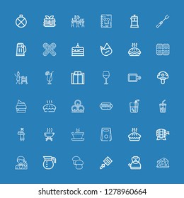 Editable 36 restaurant icons for web and mobile. Set of restaurant included icons line Cheese, Kettle, Spatula, Mushroom, Coffee pot, Barman, Beer, Pie, Take away on blue background