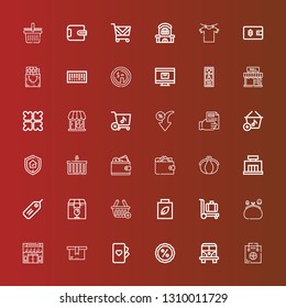 Editable 36 retail icons for web and mobile. Set of retail included icons line Shopping bag, Van, Discount, Cards, Package, Online shop, Purse, Trolley, Shopping basket on red