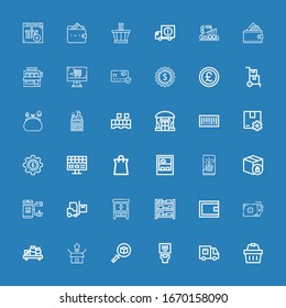 Editable 36 iconos de venta para web y móvil. Conjunto de íconos de venta al por menor incluidos línea Cesta de compras, coche de entrega, Código de barras, Paquete, Bandeja, Etiqueta, Cartera, Estantes sobre fondo azul