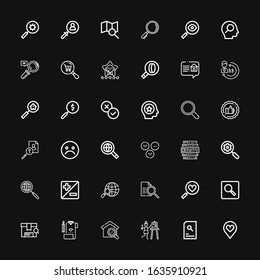Editable 36 review icons for web and mobile. Set of review included icons line Favorite, Search, Satisfaction, Review, Favorites, Searching, Zoom, Magnifier on black background