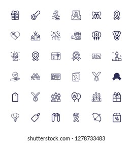 Editable 36 ribbon icons for web and mobile. Set of ribbon included icons line Offer, Bow, Ribbon, Sash, Price tag, Balloon, Gift, Competition, Balloons, Winning on white background