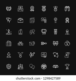 Editable 36 ribbon icons for web and mobile. Set of ribbon included icons line Championship, Diploma, Quality, Balloon, Competition, Guarantee, Wedding plans on black background