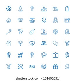 Editable 36 ribbon icons for web and mobile. Set of ribbon included icons line Medals, Gift, Award, Banner, Confetti, Ribbon, Tag, Balloons, Medal, Prize, Balloon on white background
